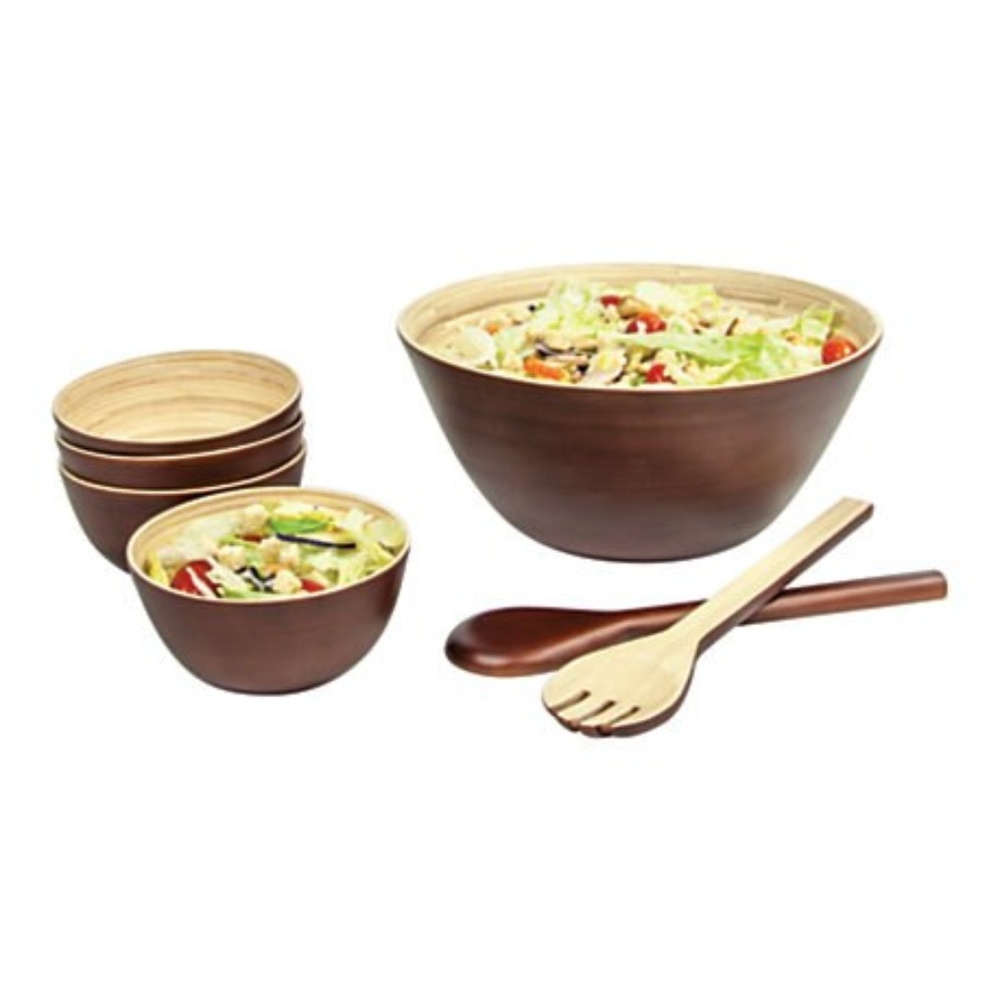 New 7-Piece Bamboo Salad Bowl Set in Brown